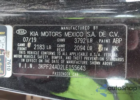 2020 Kia Forte Lxs z USA, uszkodzony, nr VIN 3KPF24AD2LE155643